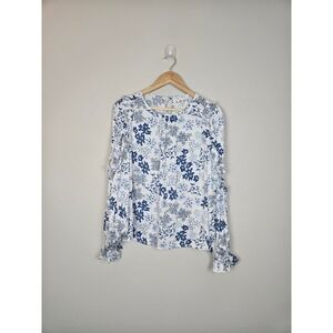 LOFT White Blue Floral Print Long Sleeve Ruffle Cuff Blouse Top Women's S